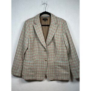 Talbots Women's Plaid Blazer Jacket Size 16 Wool Blend Brown Blue Gold Button